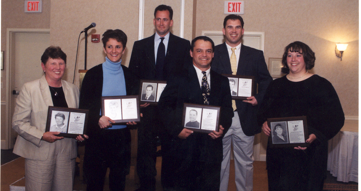 2002 UW-Oshkosh Hall of Fame Inductees (L-R): Sylvia (Johnson) Ferdon, Lisa Kirchenwitz, Dan Nekich, Kevin Reichardt, Chris Delarwelle, Stephanie (Bostwick) Resch.