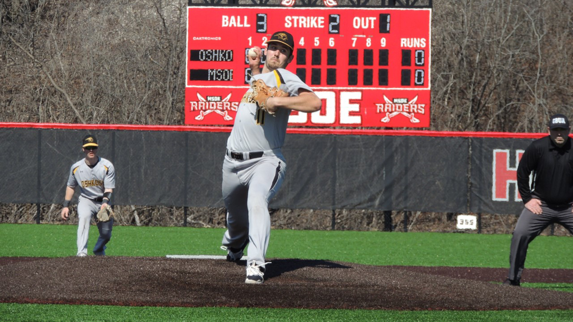 Harry Orth pitched the first five innings of game one against the Raiders, yielding one hit with eight strikeouts.