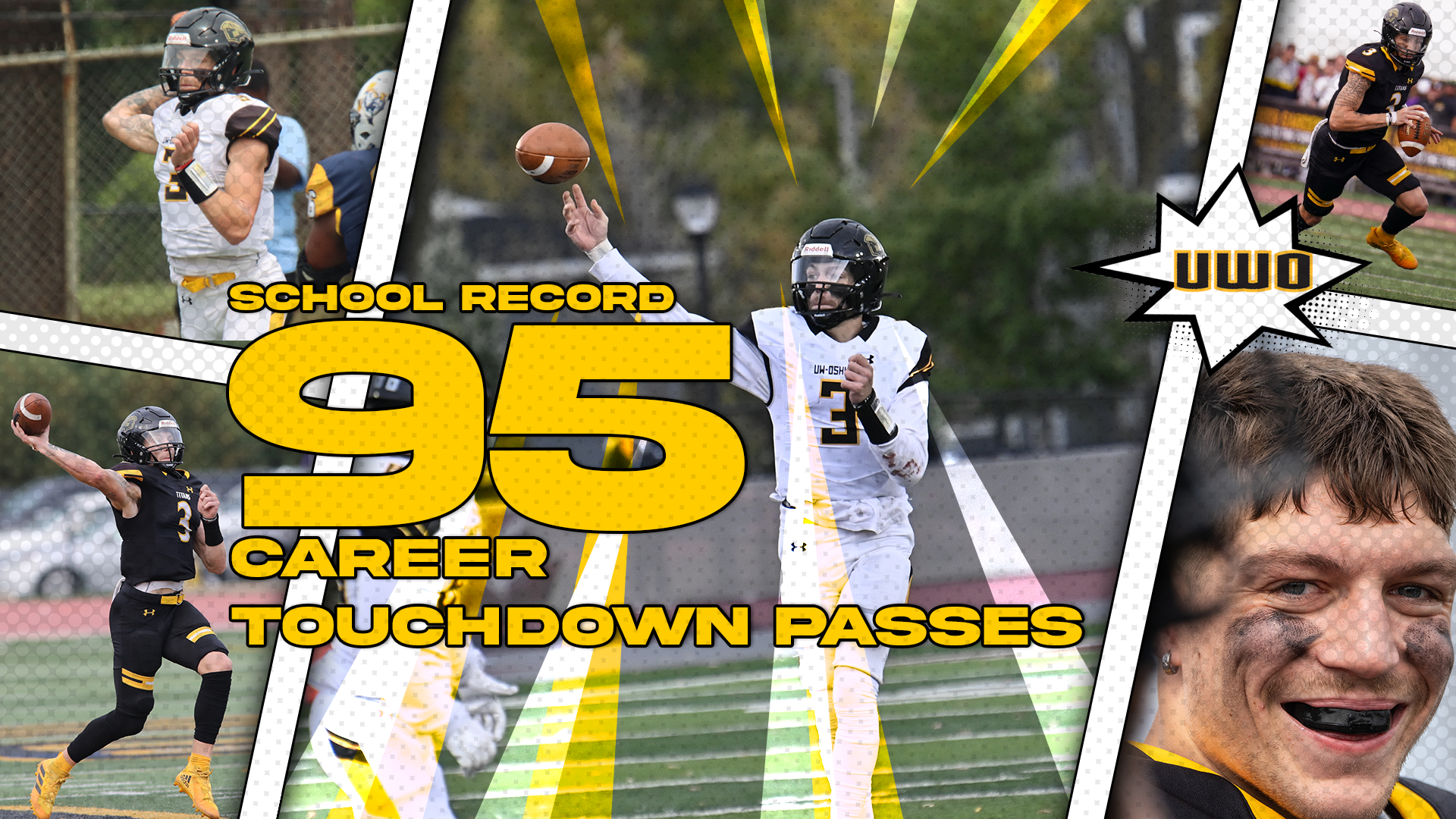 Kobe Berghammer set the school career passing touchdown record at 95 during the Titans' 66-28 win over UW-Stevens Point