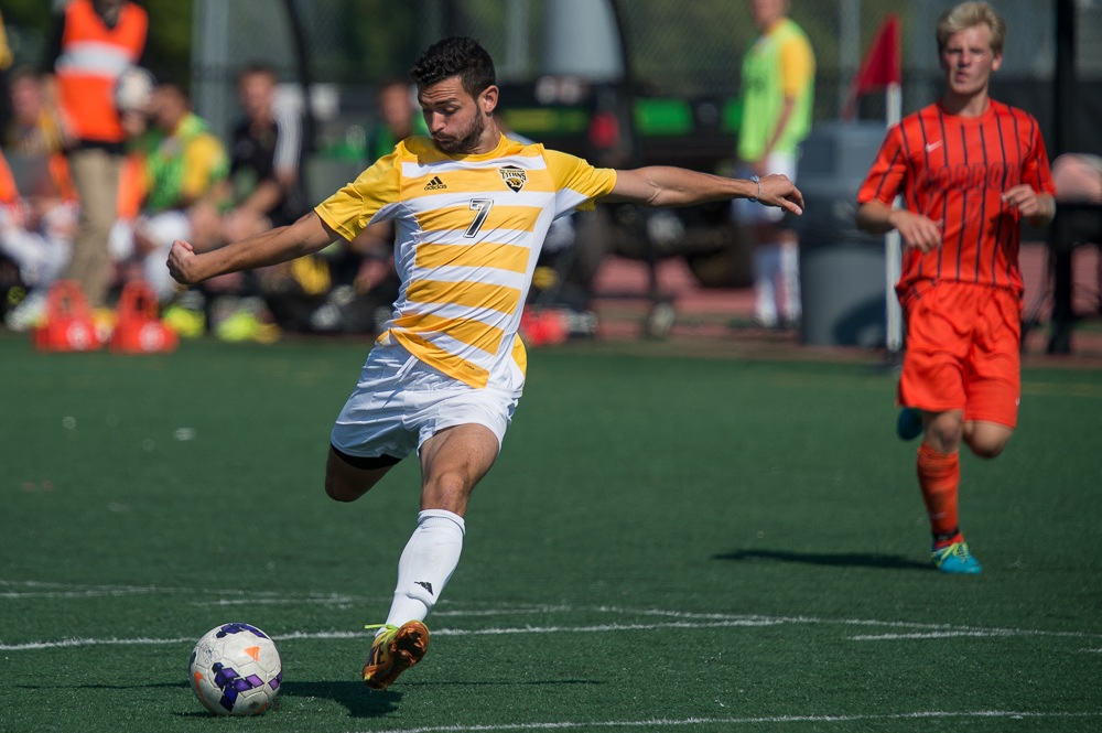 Elias Efthimiou scored on both of his shots, including this 27-yard blast in the first half.
