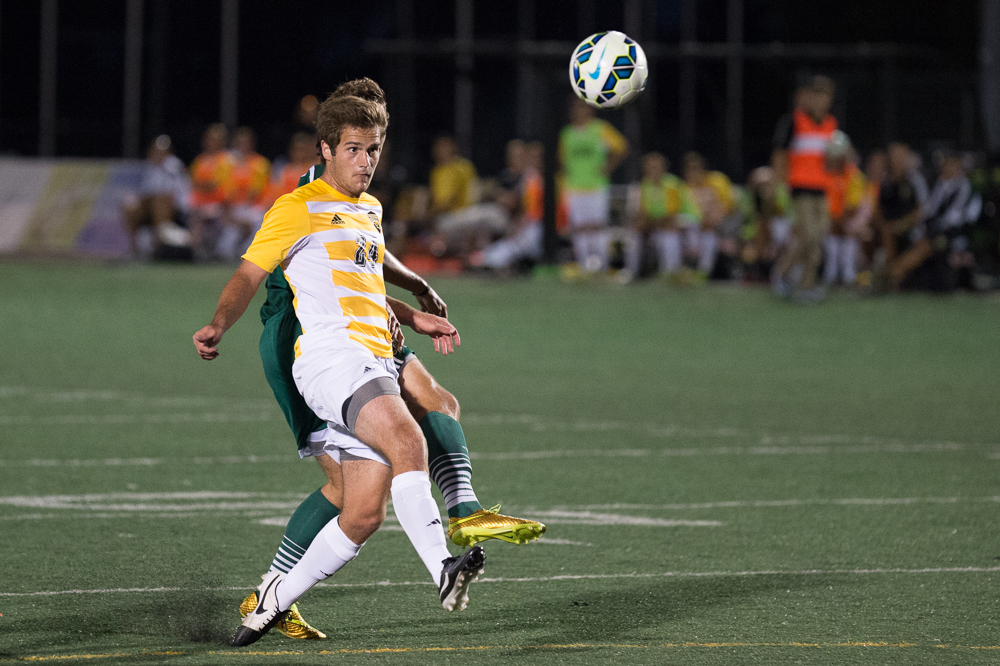 Nick Woodbury lofts this 20-yard shot into the net for his first goal of the season.