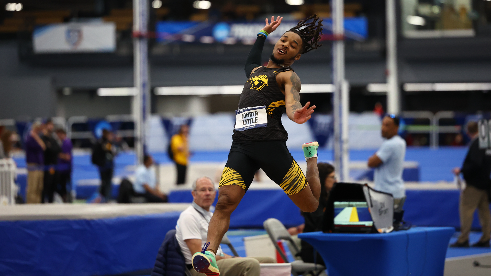 Londyn Little finished fourth in the men's long jump, collecting an All-America nod on Friday. He also qualified for the final round of the 200-meter dash with a school record 21.47 seconds. Photo Credit: Plaid Sheep Creative