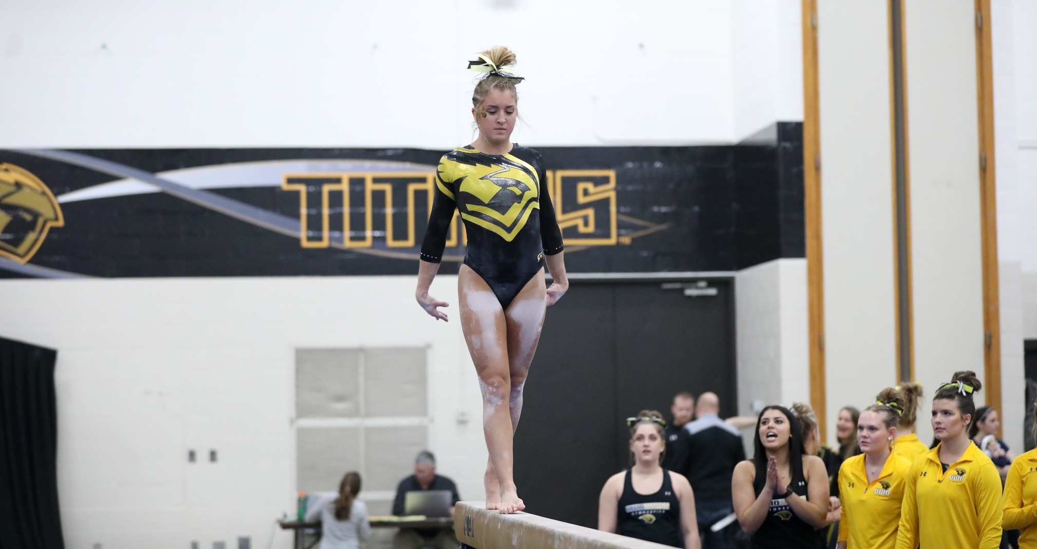 Emily Gilot won the all-around competition, placed first on the vault and fifth on the balance beam in her collegiate debut.