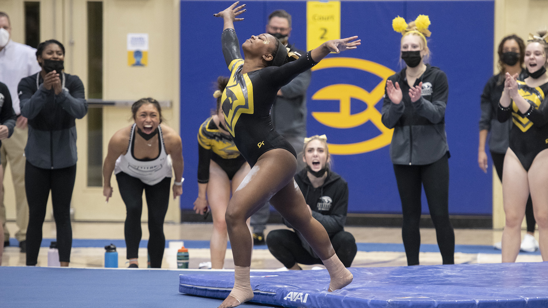 Trinity Sawyer took first place in the floor exercise and second on the uneven bars against the Blugolds.