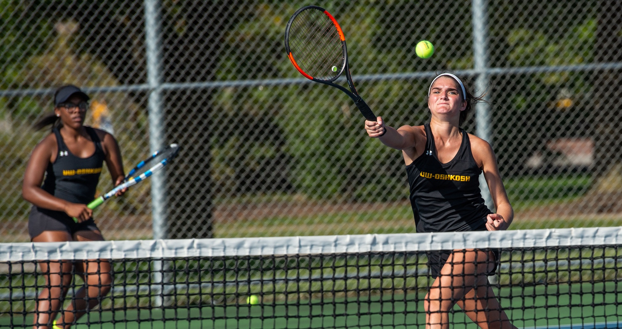 Alyssa Leffer (right) and Michelle Spicer were involved in two victories apiece against the Pointers, including their win at No. 1 doubles.