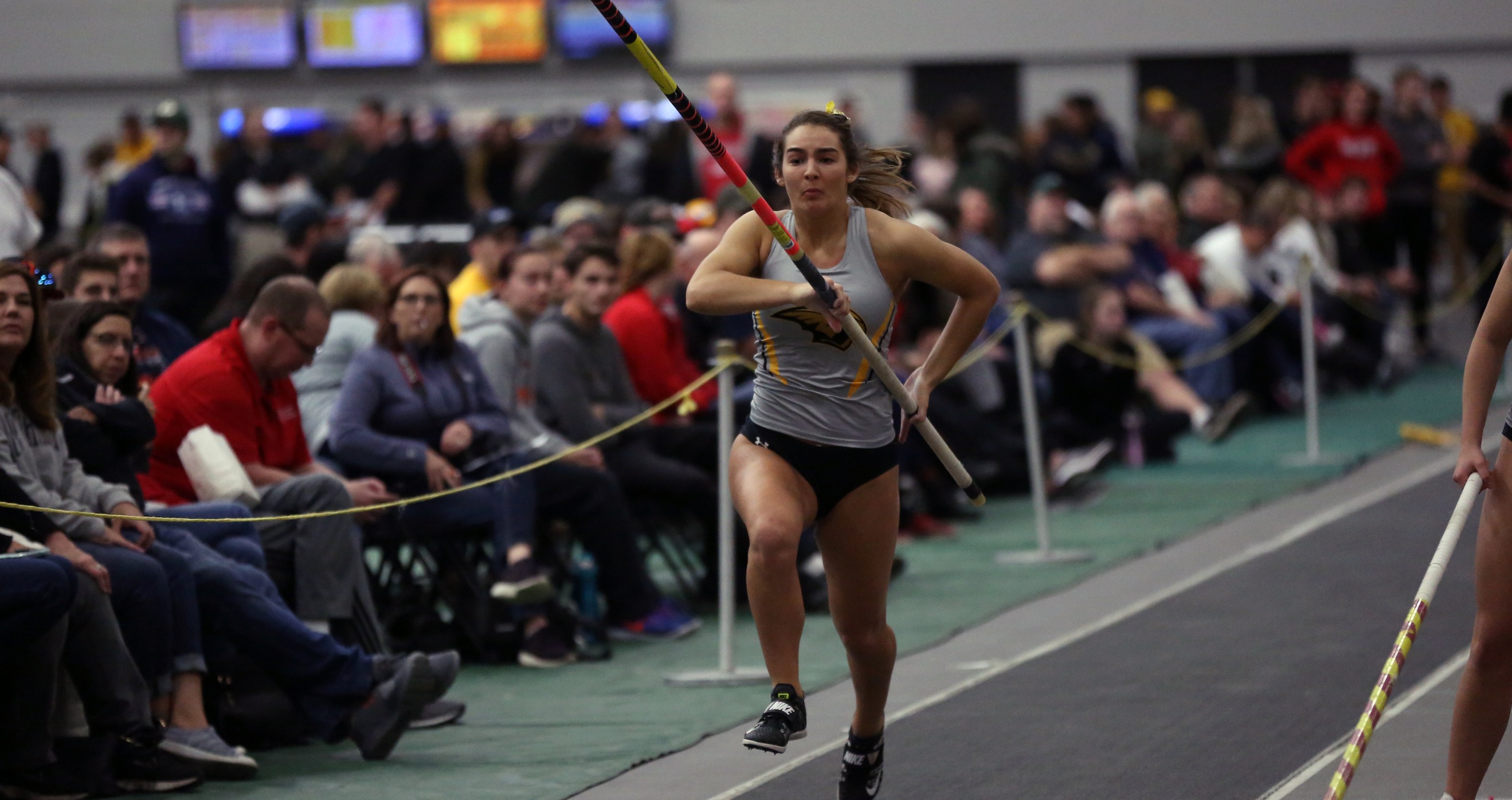 Emma Warr recorded a nation-leading height of 11-5 3/4 in the pole vault against the Warhawks.