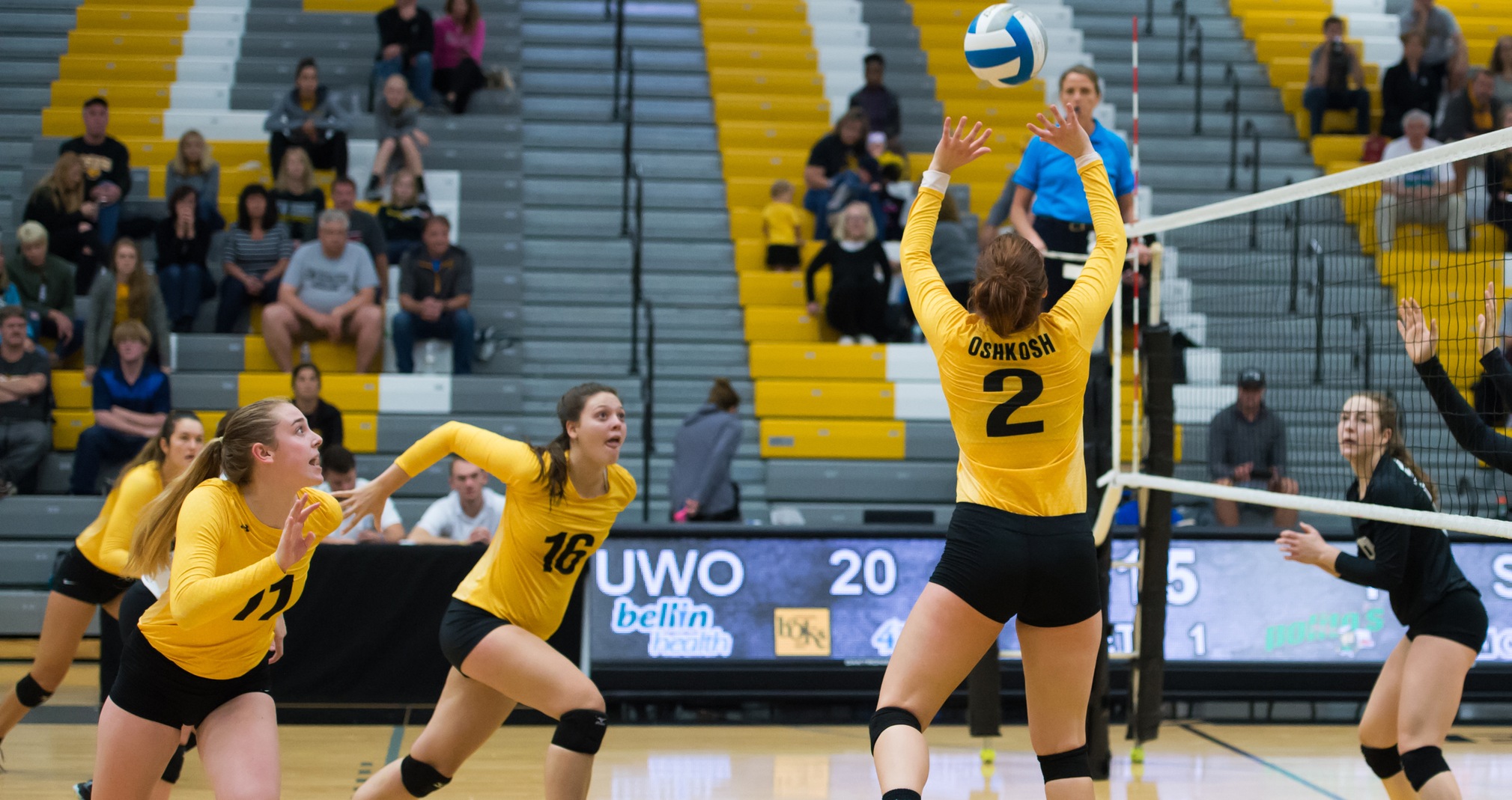 Carly Lemke (16) prepares for one of her eight kills against St. Olaf College.