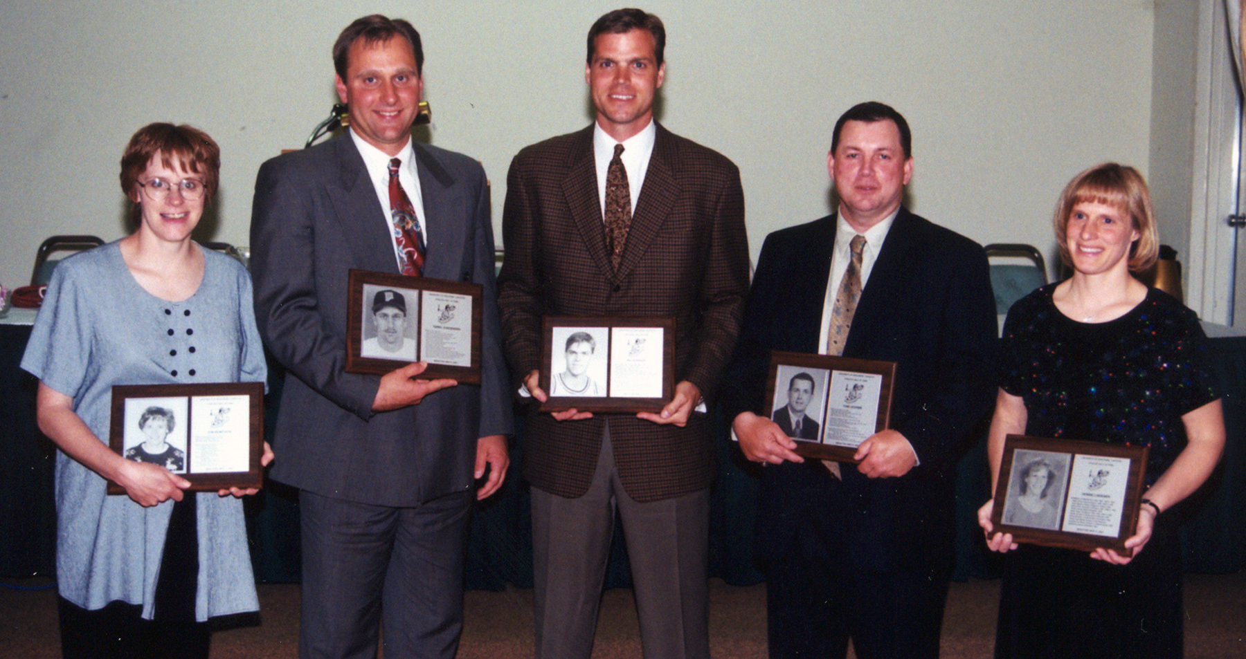 2001 UW-Oshkosh Hall of Fame Inductees (L-R): Kim (Bemowski) Olson, Terry Jorgensen, Ric Kunnert, Tom Lechnir, Debbie (Lindemer) Stenson.