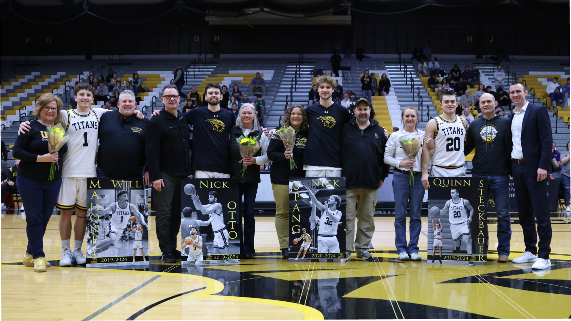 Seniors Will Mahoney, Nick Otto, Nick Spang, and Quinn Steckbauer were recognized before the game as the 2024 graduating class.