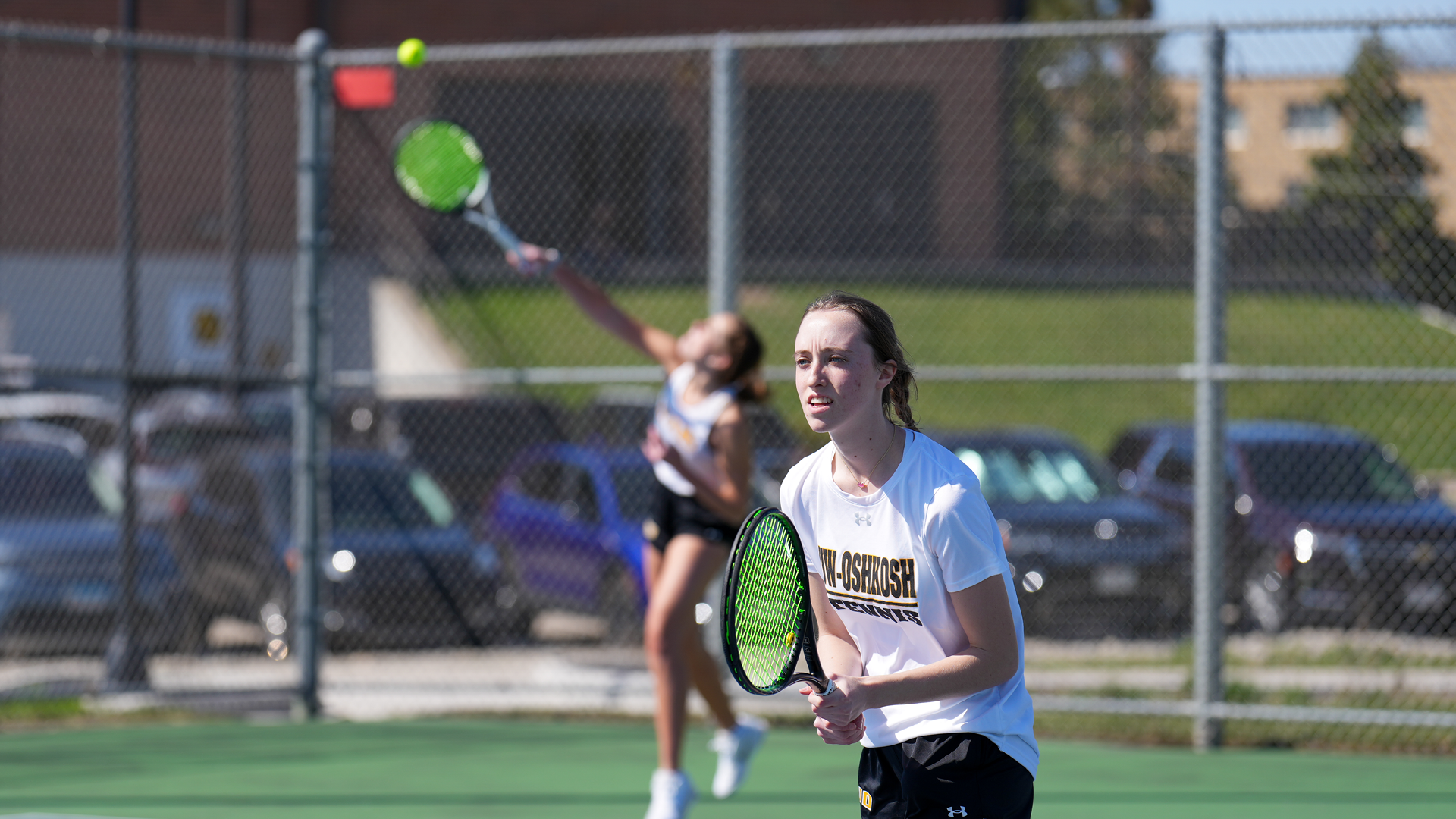 Olivia Pethan (front) and No. 1 doubles partner Alysa Pattee won in an 8-3 decision on Saturday. Photo Credit: Terri Cole, UW-Oshkosh Sports Information