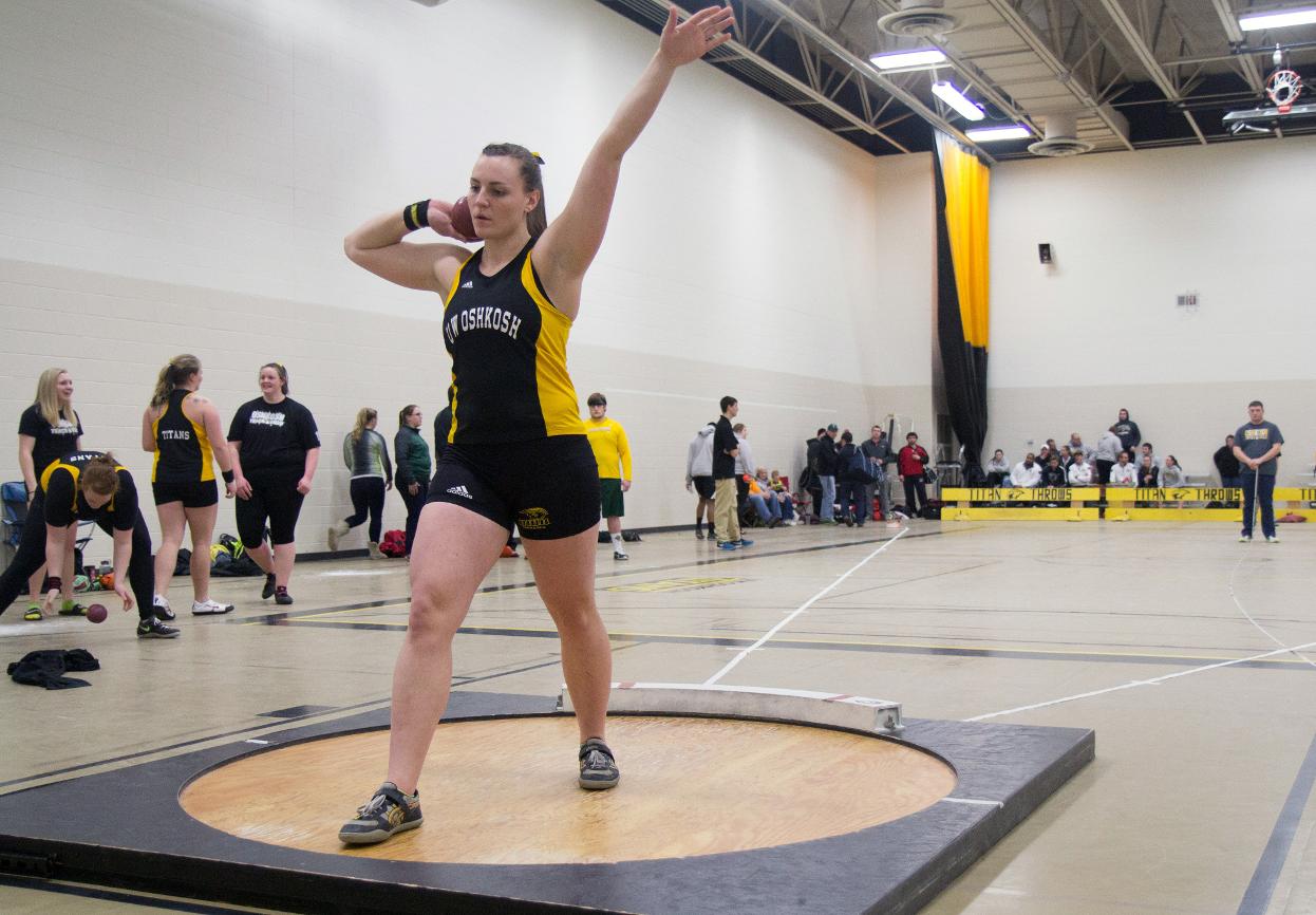 Melanie Brickner earned her titles in both the 20-pound weight throw and shot put at the WIAC Indoor Championship.
