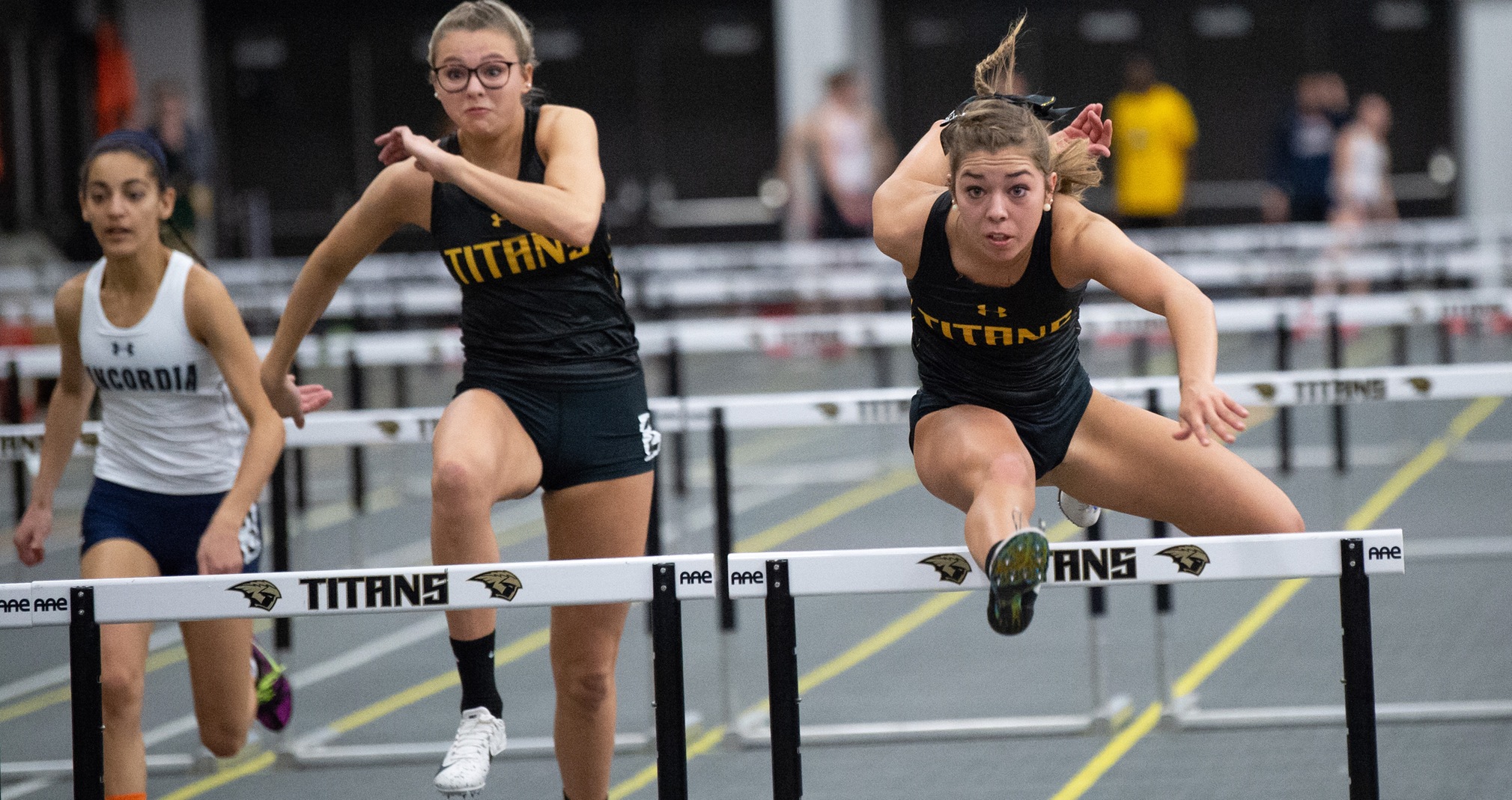 Cara Volz (right) finished second and Grace Tempesta fourth in the 60-meter hurdles at UW-Oshkosh Early Bird Invitational.