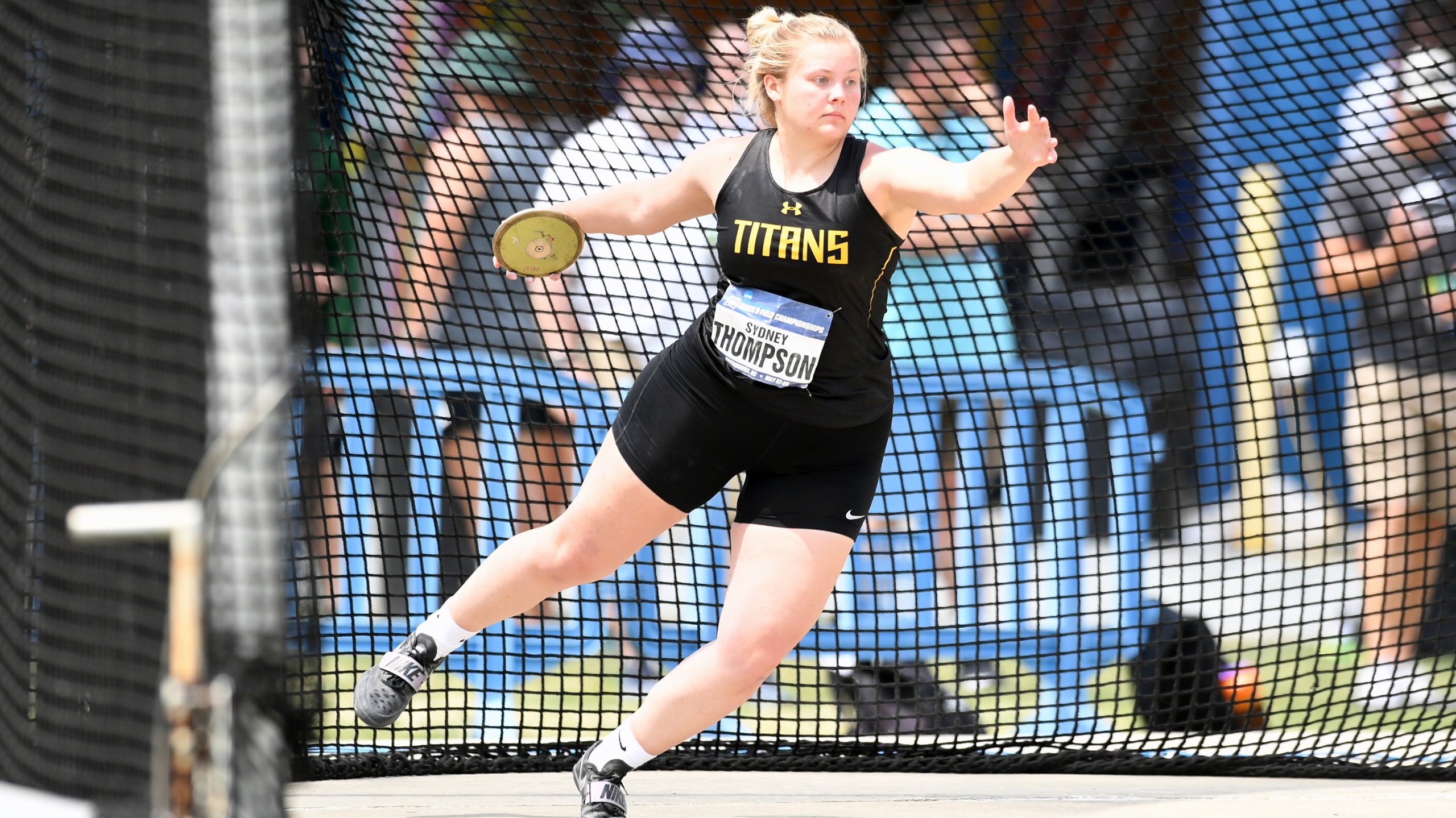 Sydney Thompson won the 49th and 50th individual national outdoor titles in program history with her victories in the discus and shot put.