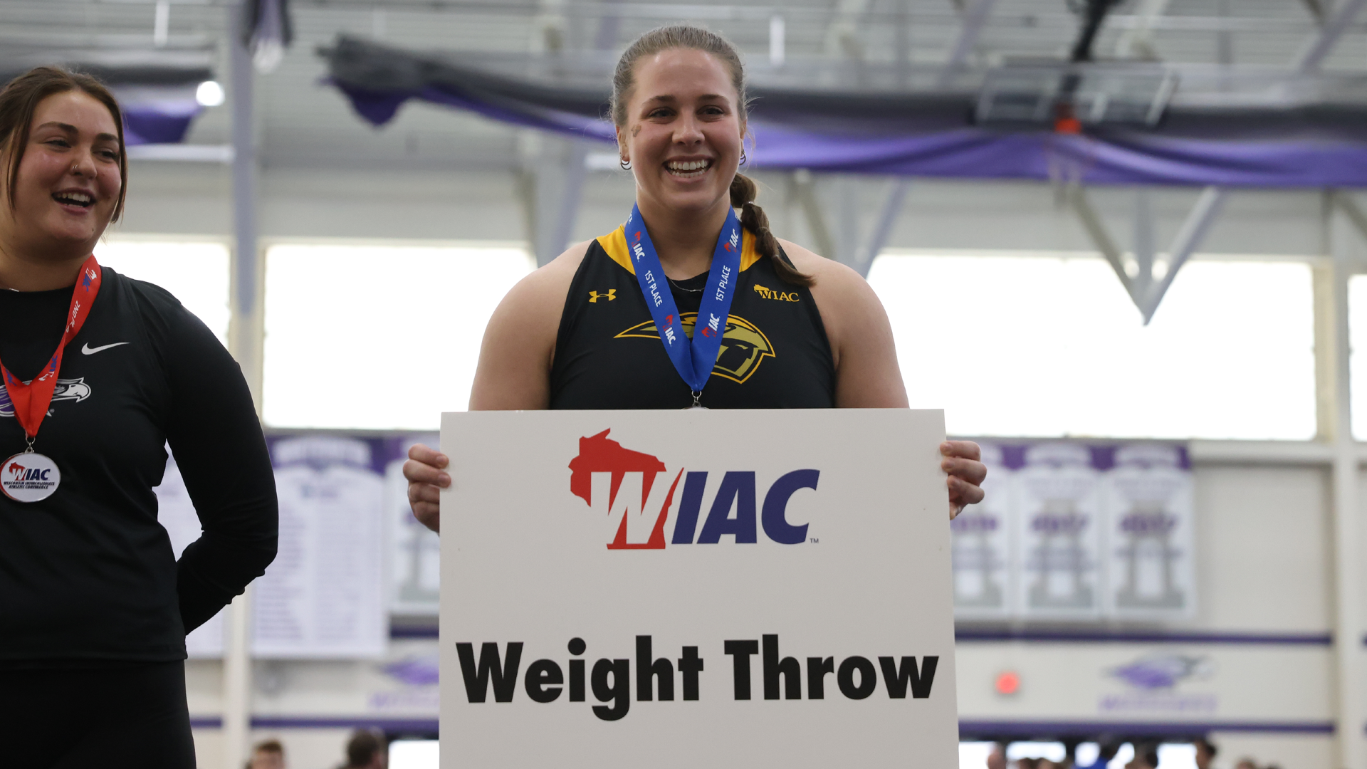 Brenna Masloroff won the 20-lb. weight throw with an 18.08-meter mark in day two of the WIAC Championship on Saturday. Photo Credit: Steve Frommell, UW-Oshkosh Sports Information